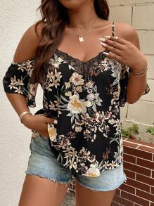 SHEIN Clasi Plus Floral Print Cold Shoulder Contrast Lace Blouse For Summer - Black - View 5