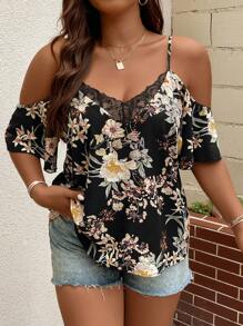 SHEIN Clasi Plus Floral Print Cold Shoulder Contrast Lace Blouse For Summer - Black - View 6