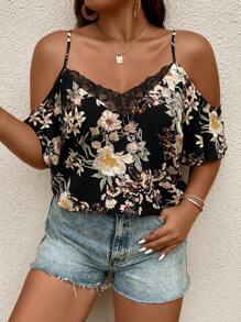 SHEIN Clasi Plus Floral Print Cold Shoulder Contrast Lace Blouse For Summer - Black - View 7