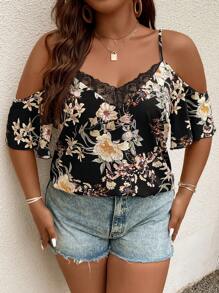 SHEIN Clasi Plus Floral Print Cold Shoulder Contrast Lace Blouse For Summer - Black - View 8