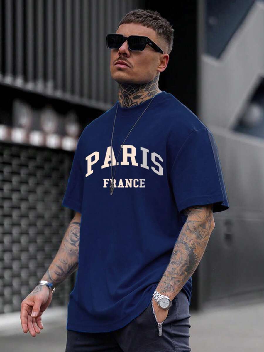 Men Letter Graphic Tee - Navy Blue - View 1