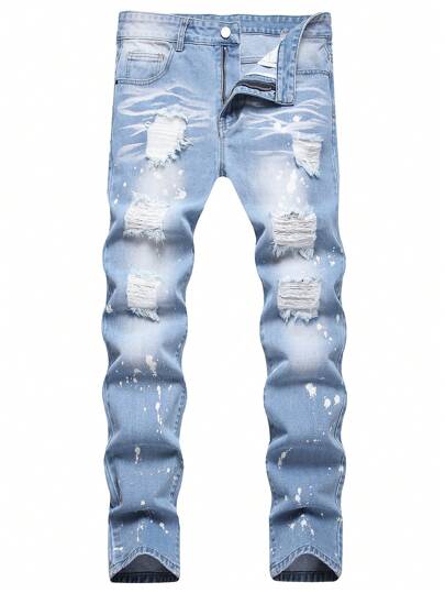Men Splash Ink Print Ripped Frayed Bleach Wash Jeans
