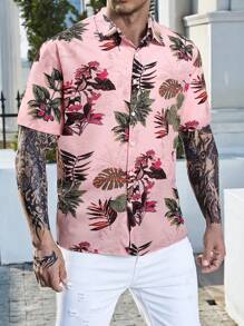 Manfinity RSRT 男士大碼1入組熱帶圖案襯衫 - 粉色 - 查看 4