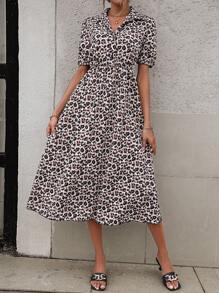 SHEIN Clasi 豹紋印花泡泡袖襯衫連衣裙 - 棕色 - 查看 2