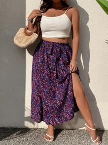 SHEIN Holidaya Plus Allover Print Belted Split Thigh Skirt - Multicolor - View 3