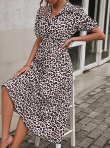 SHEIN Clasi 豹紋印花泡泡袖襯衫連衣裙 - 棕色 - 查看 1