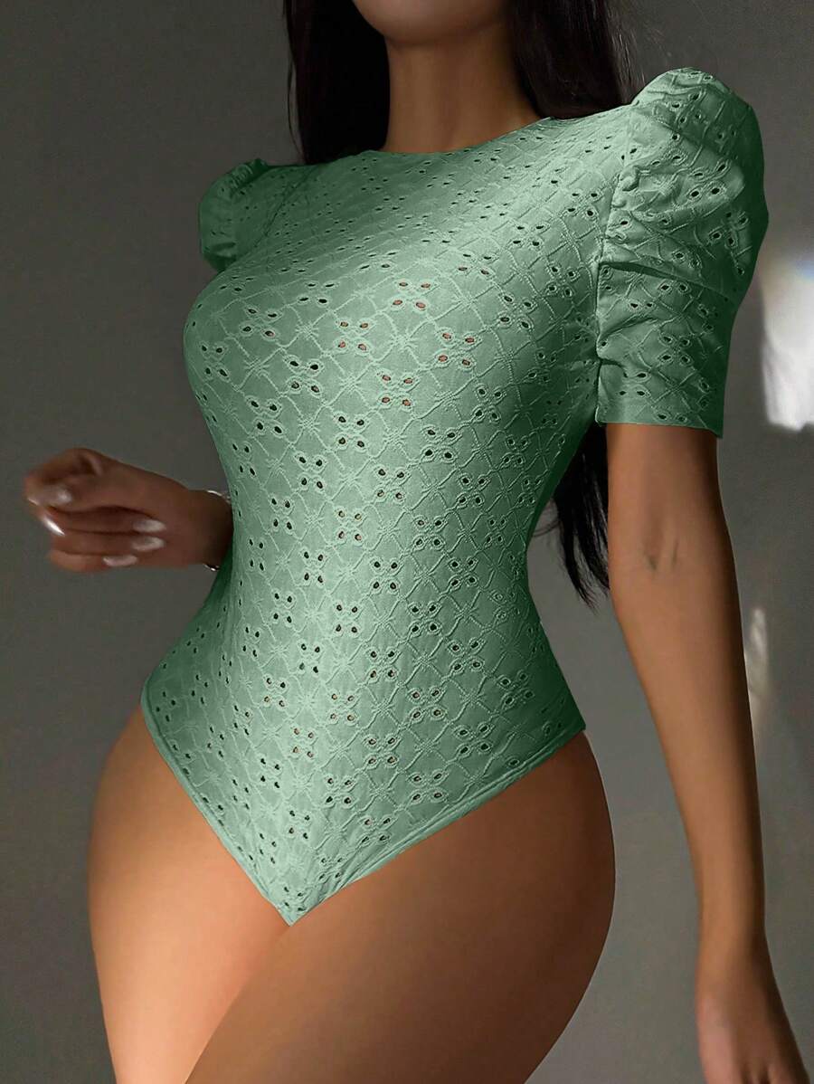 SHEIN Privé 泡泡袖網眼刺繡連體衣 - 薄荷綠 - 查看 1