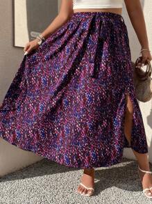 SHEIN Holidaya Plus Allover Print Belted Split Thigh Skirt - Multicolor - View 4