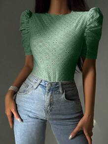 SHEIN Privé 泡泡袖網眼刺繡連體衣 - 薄荷綠 - 查看 3