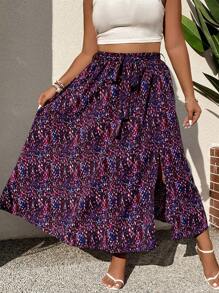 SHEIN Holidaya Plus Allover Print Belted Split Thigh Skirt - Multicolor - View 5