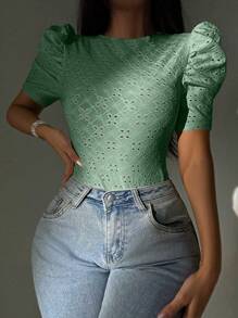 SHEIN Privé 泡泡袖網眼刺繡連體衣 - 薄荷綠 - 查看 4