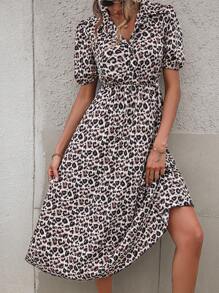 SHEIN Clasi 豹紋印花泡泡袖襯衫連衣裙 - 棕色 - 查看 6