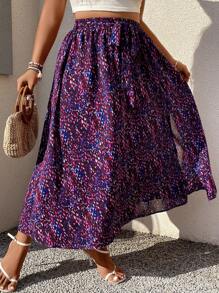 SHEIN Holidaya Plus Allover Print Belted Split Thigh Skirt - Multicolor - View 7