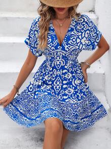 SHEIN VCAY Đầm Viên lá sen Bộ lạc Boho - Xanh và trắng - Xem 1