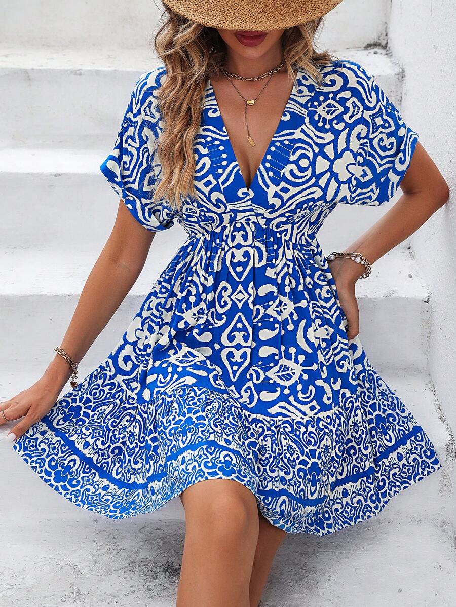 SHEIN VCAY Đầm Viên lá sen Bộ lạc Boho - Xanh và trắng - Xem 1