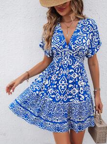 SHEIN VCAY Đầm Viên lá sen Bộ lạc Boho - Xanh và trắng - Xem 6