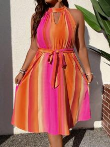 SHEIN Holidaya Plus Tie Dye Keyhole Neckline Belted Halter Dress - Multicolor - View 4