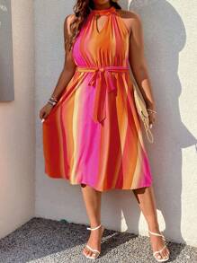 SHEIN Holidaya Plus Tie Dye Keyhole Neckline Belted Halter Dress - Multicolor - View 5