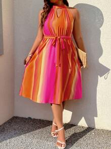 SHEIN Holidaya Plus Tie Dye Keyhole Neckline Belted Halter Dress - Multicolor - View 6