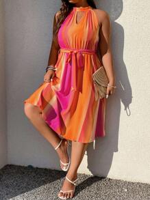 SHEIN Holidaya Plus Tie Dye Keyhole Neckline Belted Halter Dress - Multicolor - View 7