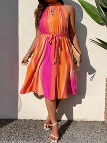 SHEIN Holidaya Plus Tie Dye Keyhole Neckline Belted Halter Dress - Multicolor - View 1