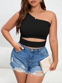 SHEIN Essnce Plus One Shoulder Cut Out Waist Crop Top - Black - View 1