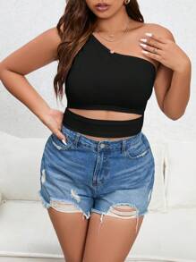 SHEIN Essnce Plus One Shoulder Cut Out Waist Crop Top - Black - View 3