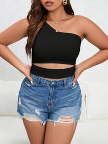 SHEIN Essnce Plus One Shoulder Cut Out Waist Crop Top - Black - View 5