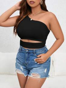 SHEIN Essnce Plus One Shoulder Cut Out Waist Crop Top - Black - View 6