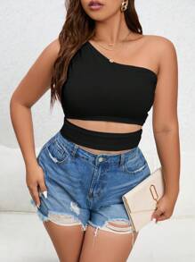 SHEIN Essnce Plus One Shoulder Cut Out Waist Crop Top - Black - View 7