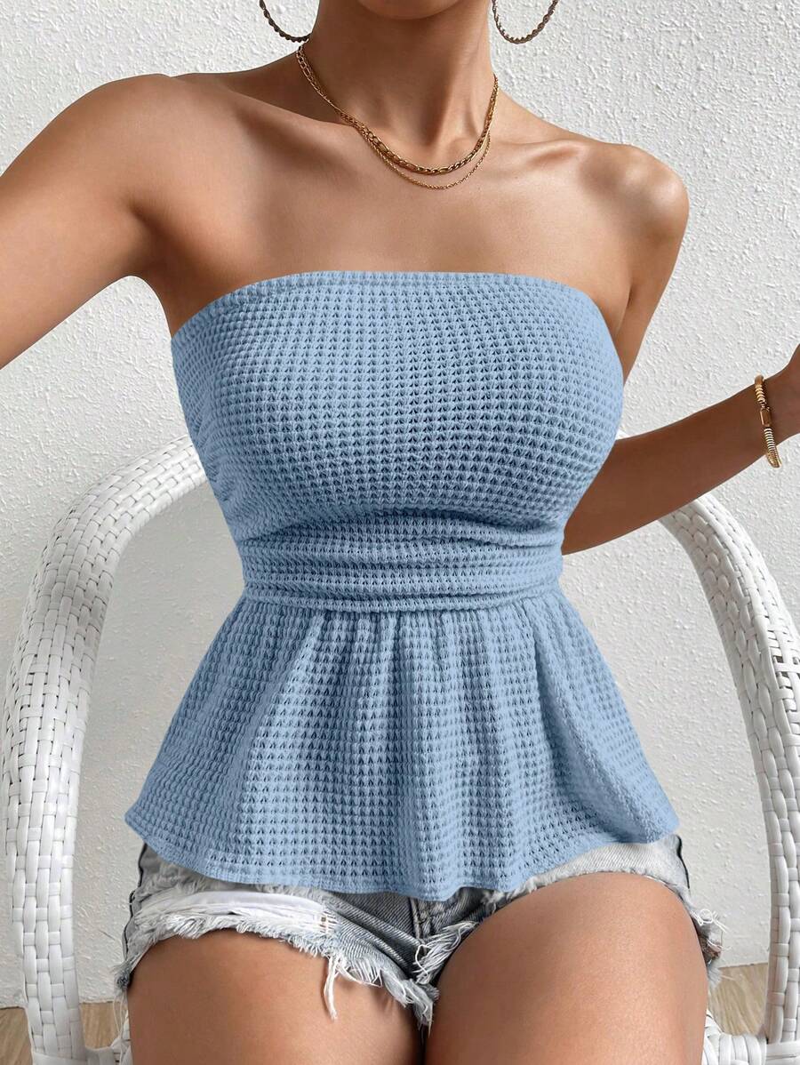 SHEIN Frenchy Chất rắn Xù Hoa Sen Ống ngọn - Màu xanh bụi bặm - Xem 1