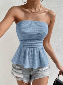 SHEIN Frenchy Chất rắn Xù Hoa Sen Ống ngọn - Màu xanh bụi bặm - Xem 3