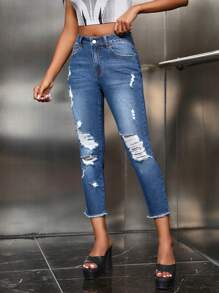 SHEIN ICON 破洞毛邊緊身牛仔褲 - 中等水洗藍 - 查看 1