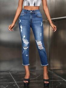 SHEIN ICON 破洞毛邊緊身牛仔褲 - 中等水洗藍 - 查看 6