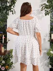 Flirla 大碼櫻桃圖案前打結泡泡袖連衣裙 - 白色 - 查看 2