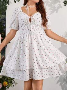 Flirla 大碼櫻桃圖案前打結泡泡袖連衣裙 - 白色 - 查看 4