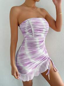 SHEIN Privé Nhuộm buộc Bên dây rút Xù Hoa Sen Đầm bó sát ống - Màu tím - Xem 3