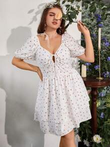 Flirla 大碼櫻桃圖案前打結泡泡袖連衣裙 - 白色 - 查看 6