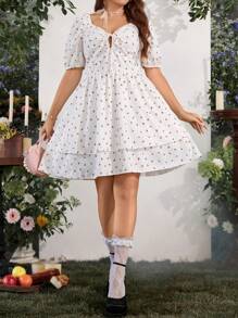 Flirla 大碼櫻桃圖案前打結泡泡袖連衣裙 - 白色 - 查看 8