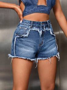 SHEIN ICON 毛邊牛仔短褲 - 中等水洗藍 - 查看 1