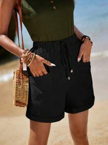 Sylviya Vacation Style Casual Rolled Hem, Front Knotted, Double Pocket Shorts,Vacation - Black - View 6