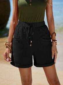 Sylviya Vacation Style Casual Rolled Hem, Front Knotted, Double Pocket Shorts,Vacation - Black - View 3