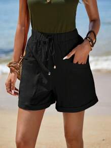 Sylviya Vacation Style Casual Rolled Hem, Front Knotted, Double Pocket Shorts,Vacation - Black - View 4
