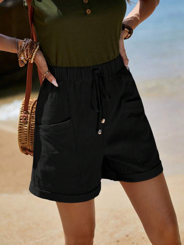 Vacation Style Casual Rolled Hem, Front Knotted, Double Pocket Shorts,Vacation