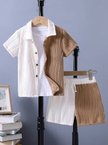 SHEIN Young Boy Two Tone Shirt & Drawstring Waist Shorts Without Tee - Multicolor - View 3
