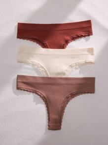 3件蕾絲邊條紋針織內褲