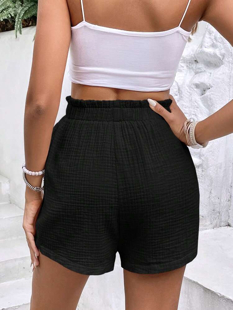 Women's Vacation & Leisure Allover Print Tie-Waist Shorts, Back To School Clothes, Old Money Style Chic Black Summer Casual Holiday Resort