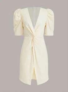 SHEIN Clasi Twist Front Puff Sleeve Wrap Hem Dress - Beige - View 1