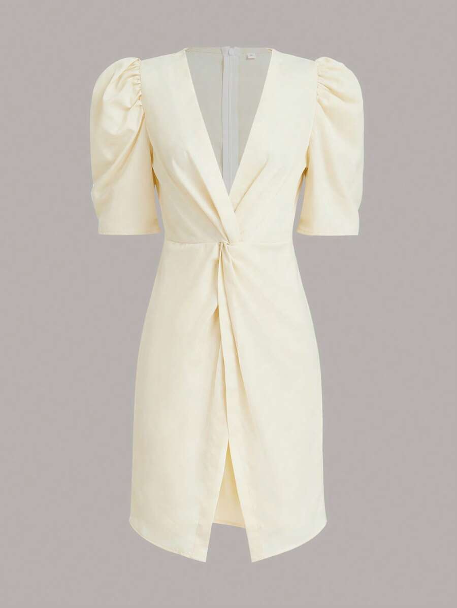 SHEIN Clasi Twist Front Puff Sleeve Wrap Hem Dress - Beige - View 1