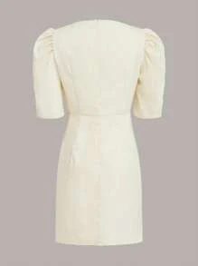 SHEIN Clasi Twist Front Puff Sleeve Wrap Hem Dress - Beige - View 2